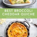 A broccoli quiche in a pie plate and a slice on a serving plate.