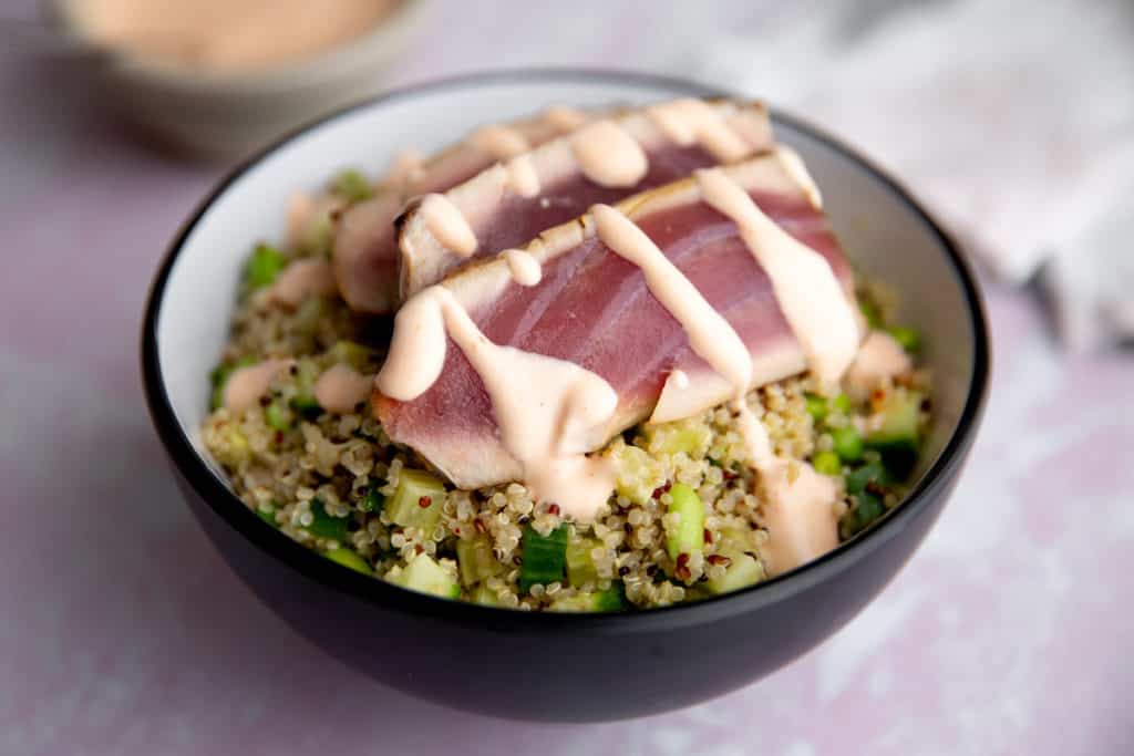 Spicy tuna bowls with edamame sushi salad, seared tuna and sriracha mayo.