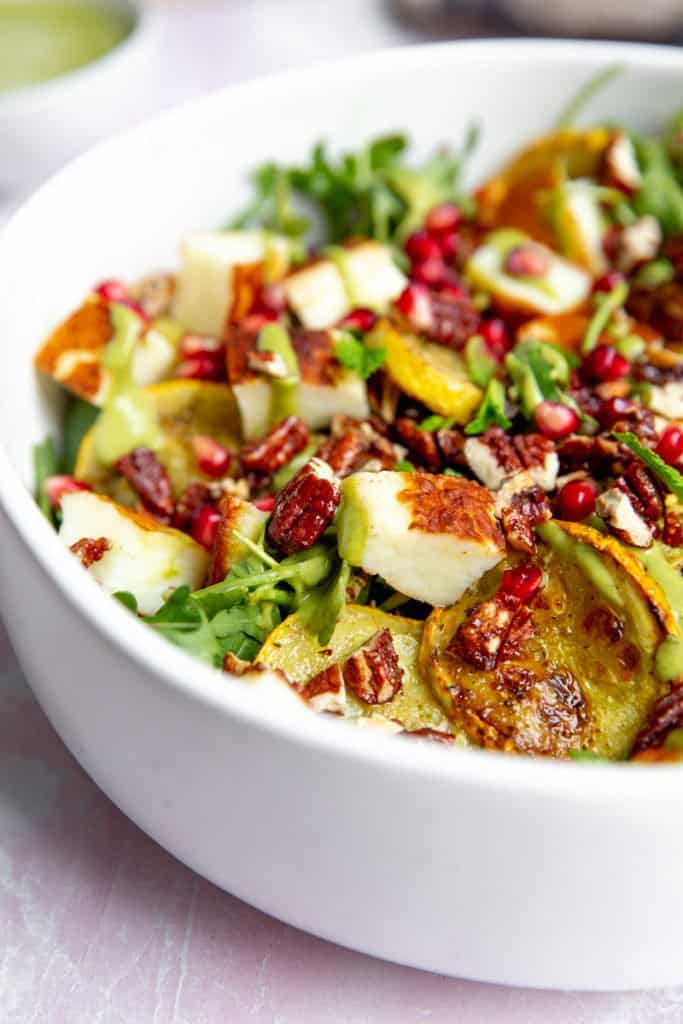 Close-up of the halloumi salad in a serving bowl. 