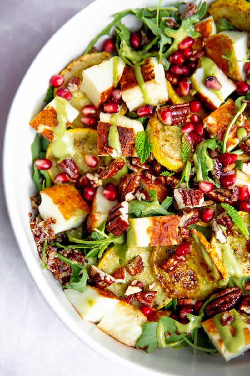 Close up of the fried halloumi salad.