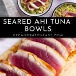 Two frames, one showing a sliced tuna steak on a cutting board and one showing a spicy tuna bowl.