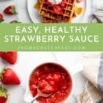 Two frames, one showing a bowl of homemade strawberry sauce and one showing strawberry sauce over waffles.
