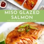 Two frames, one showing miso glazed salmon fillets on a platter and one showing salmon with a bite removed.