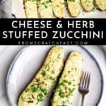 Two frames, one showing zucchini boats in a baking dish and one showing zucchini boats on a plate.