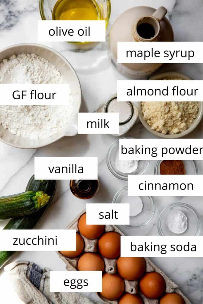 Ingredients shot for Gluten free zucchini bread recipe.