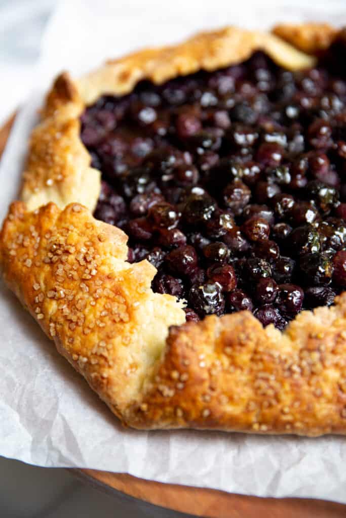 Close up of a gluten free blueberry pie. 