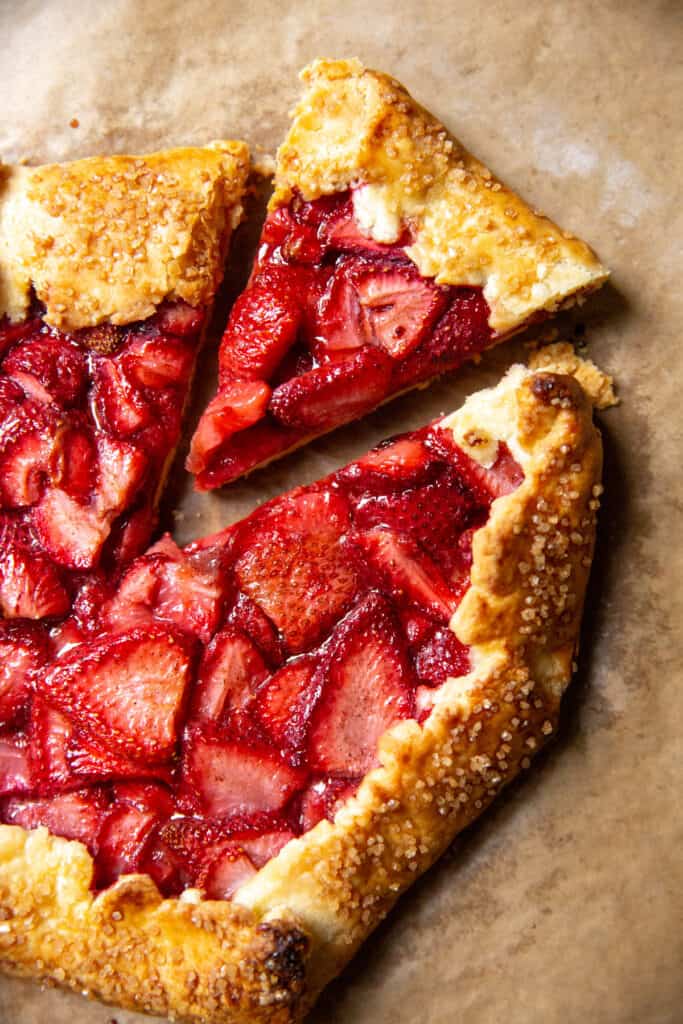 Close up of a slice of strawberry galette.