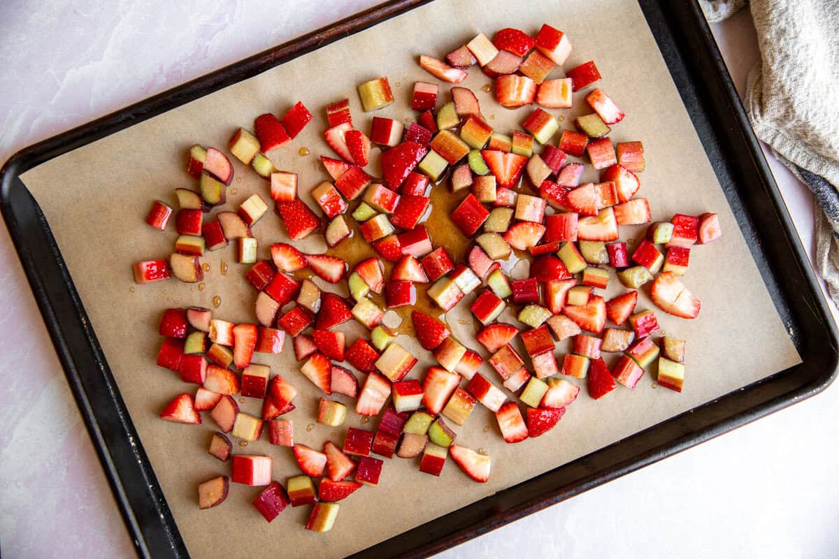 fresh fruit chopped and placed onto a lined baking sheet