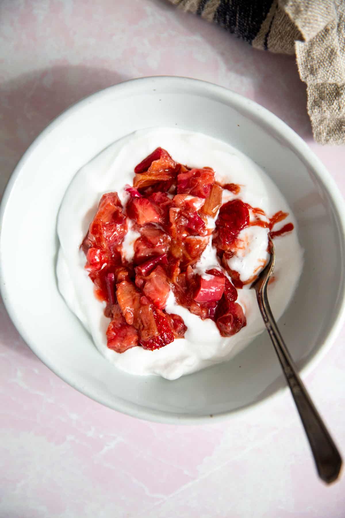 rhubarb in a bowl of yogurt