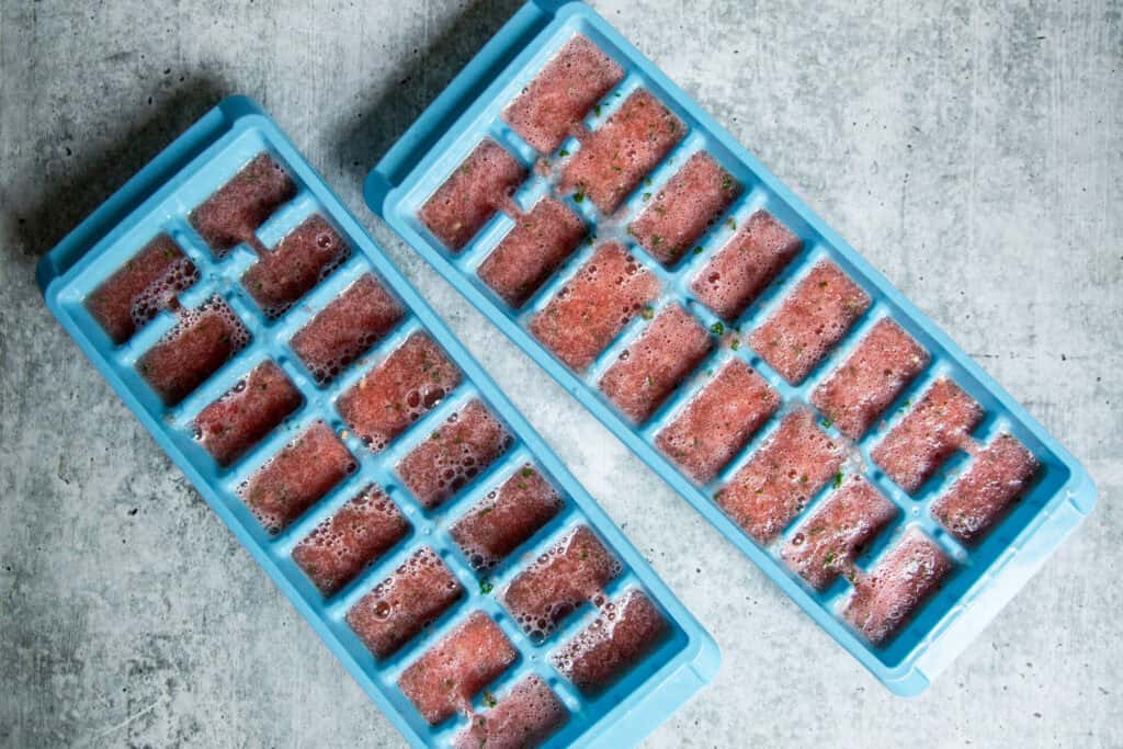 fruit juice mixture in a blue ice cube tray