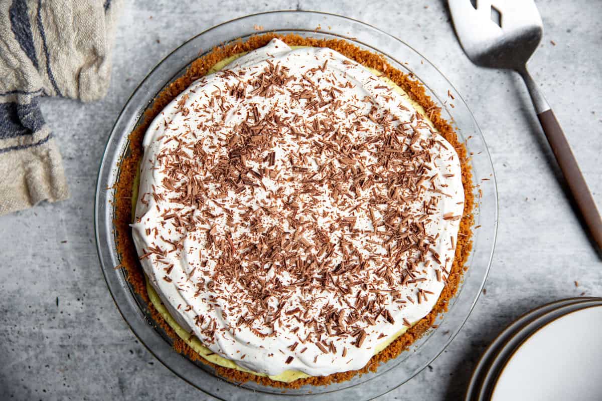 an overhead shot of the assembled and chilled vegan banana cream pie