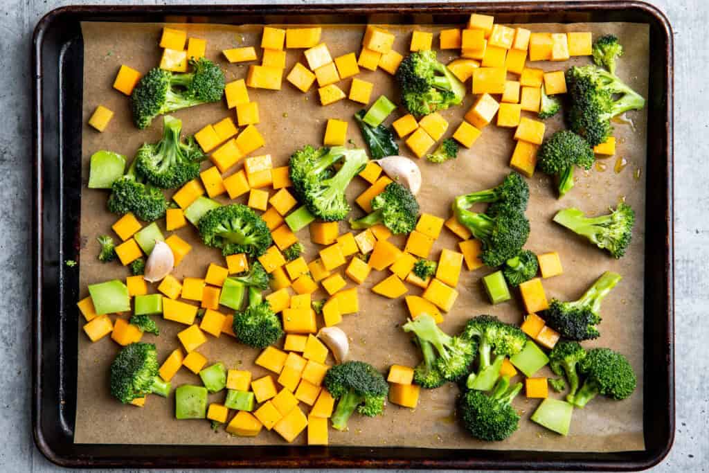 raw veggies on a sheet pan