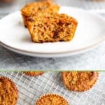 Carrot raisin muffins on a cooling rack and plate.