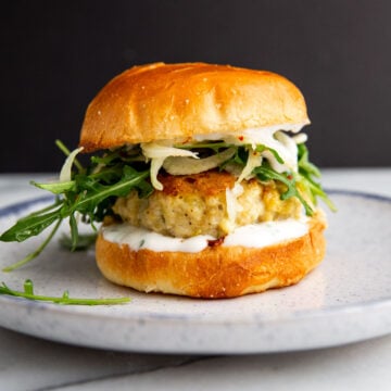 a single chicken burger on a plate with herbed aioli and slaw