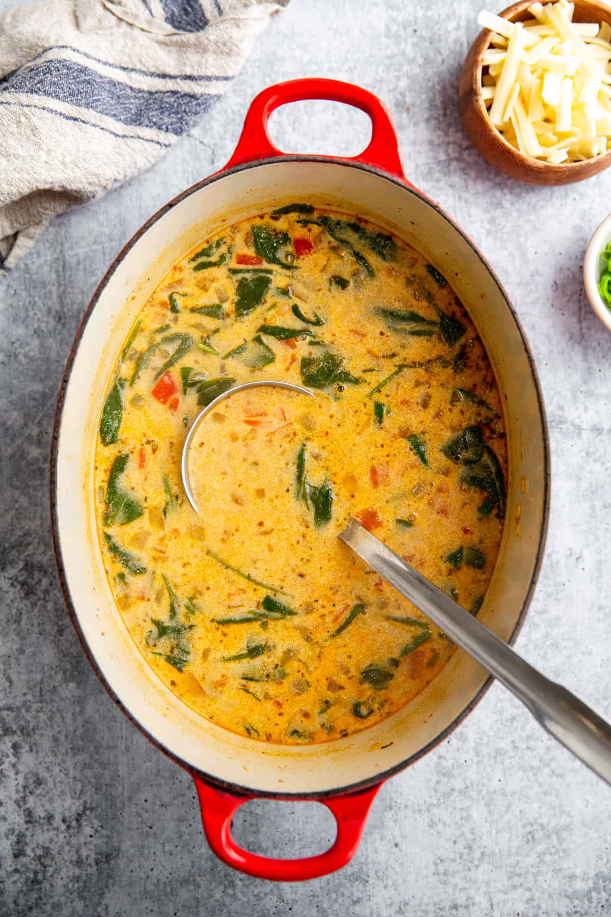 a pot of soup with a ladle resting inside.