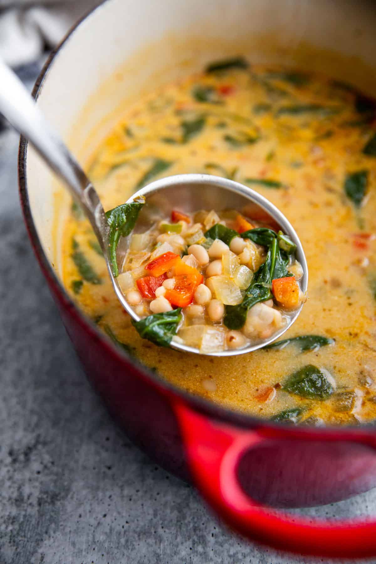 a ladle lifting a scoop of soup out of a pot.