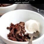 Grain free double chocolate spoon cake in a bowl with ice cream.