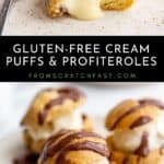 Gluten free cream puff with a bite taken out and gluten free profiteroles on a plate.