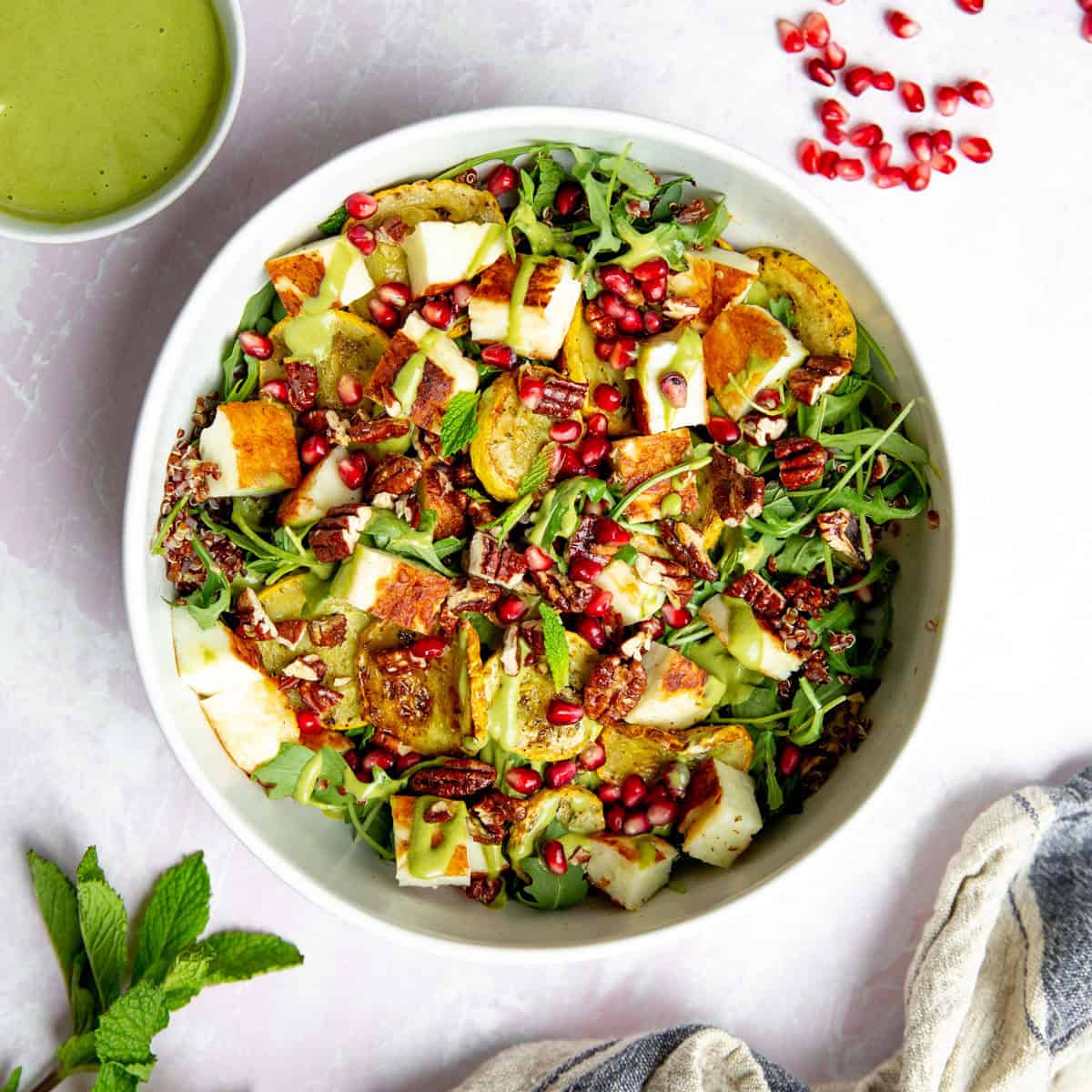 Panzanella salad in a large white bowl.