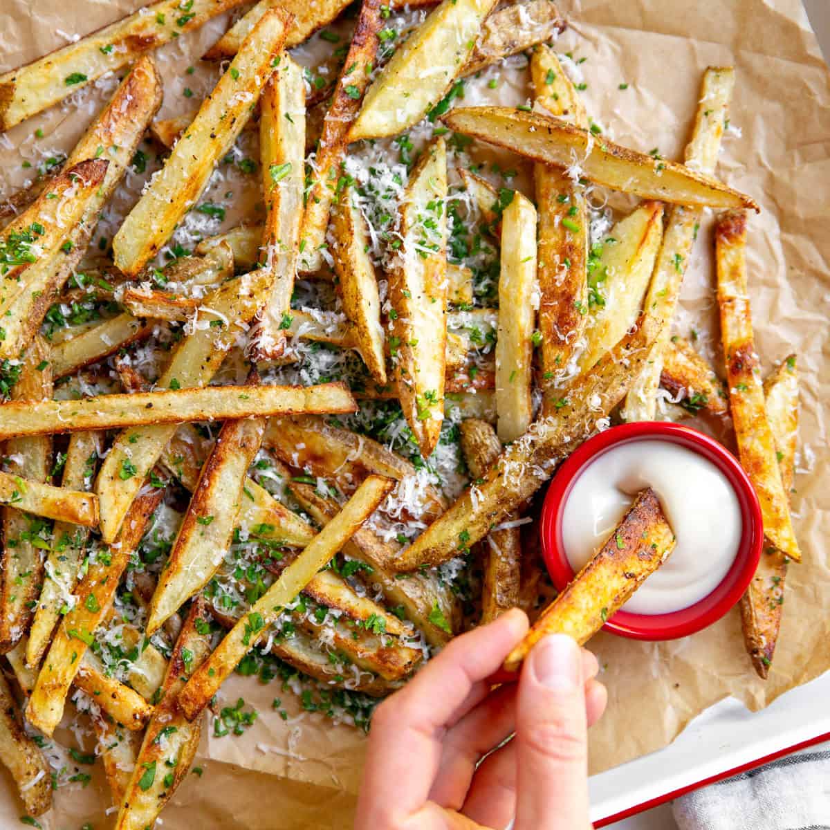 French fries side dish on a platter with a small bowl of dip.