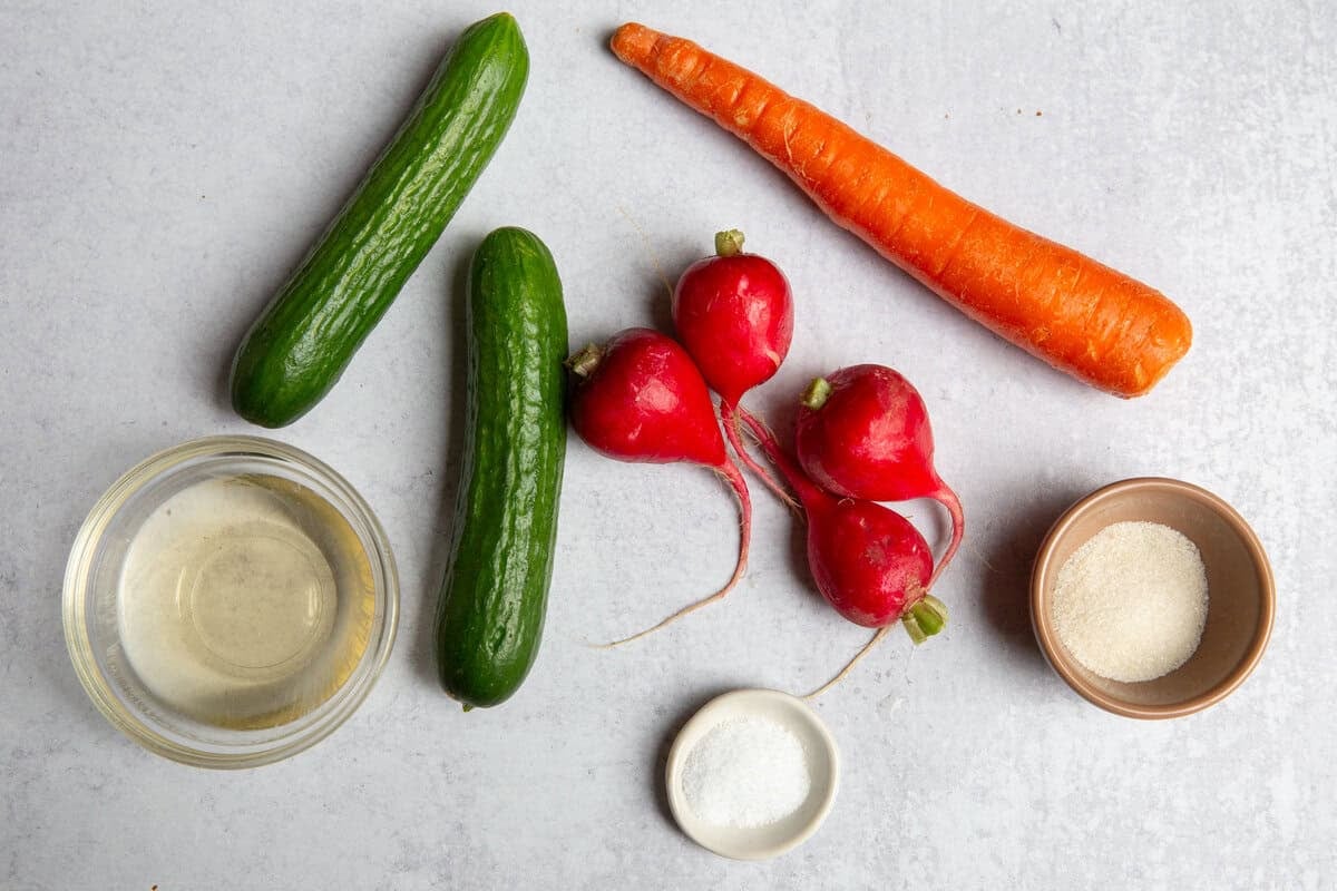 recipe ingredients on a flat surface including persian cucumbers, radishes, carrots, sugar, salt, and vinegar.