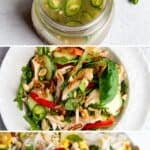 Three photos, one of chili lime dressing in jar, one of dressing on chicken and herb salad, and one of the dressing on rice noodles