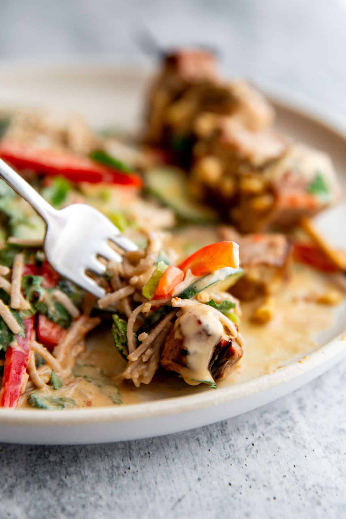 a fork holding a bite of Peanut noodle salad and pork kebabs topped with cilantro