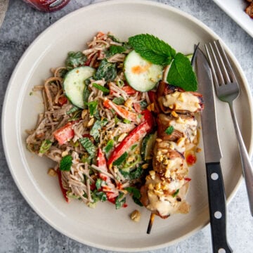 Grilled pork kebabs served over peanut noodle salad with fresh herbs