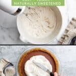 Coconut maple whipped cream in bowl and being spread on chocolate pie