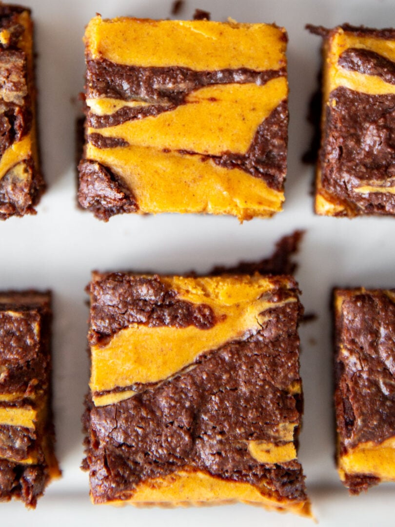 pumpkin cheesecake brownies cut into squares, with a visible swirl on top