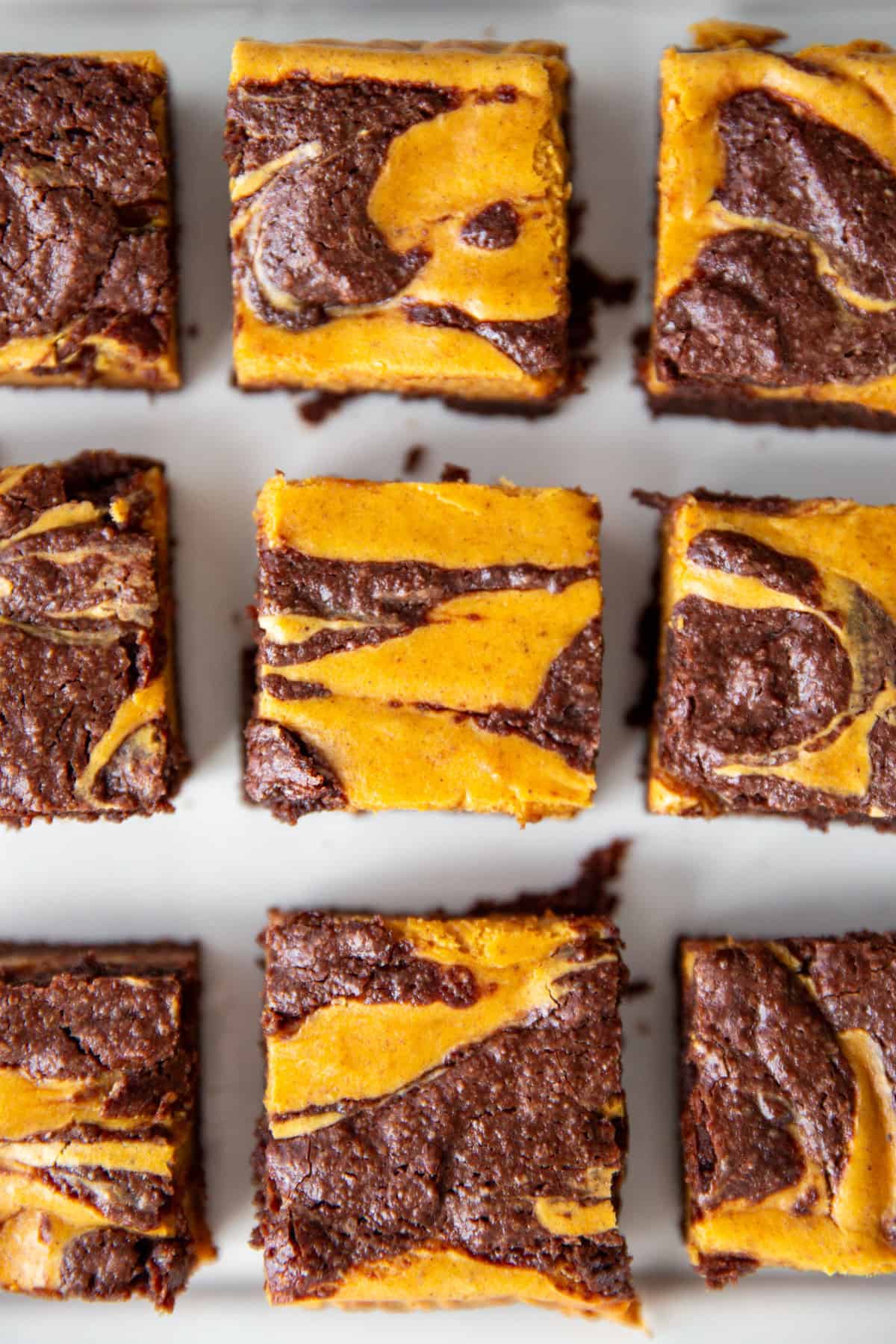 pumpkin cheesecake brownies cut into squares, with a visible swirl on top