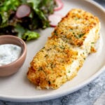 parmesan crusted halibut filet on a plate next to aioli dipping sauce