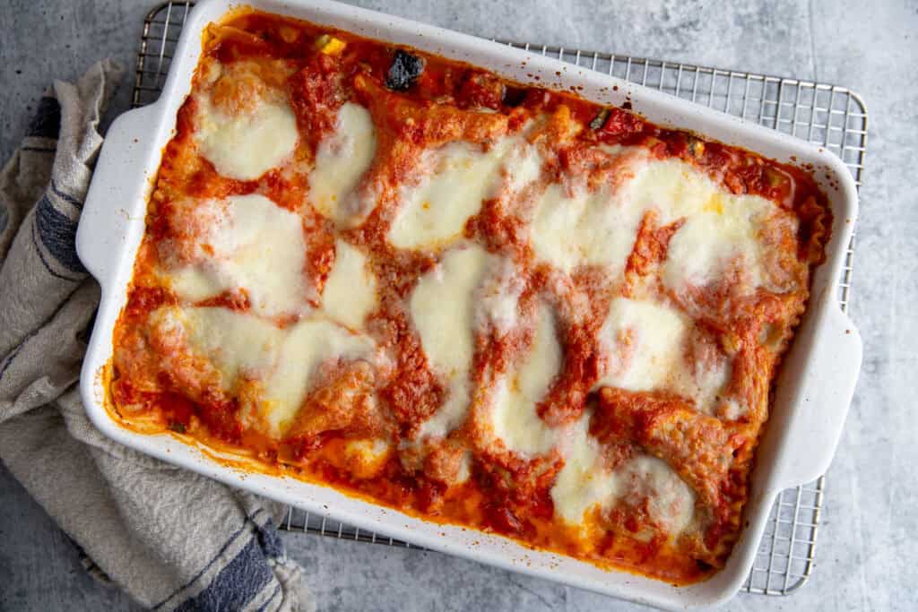 The gluten-free vegetarian lasagna baked out of the oven with these melting and bubbly.