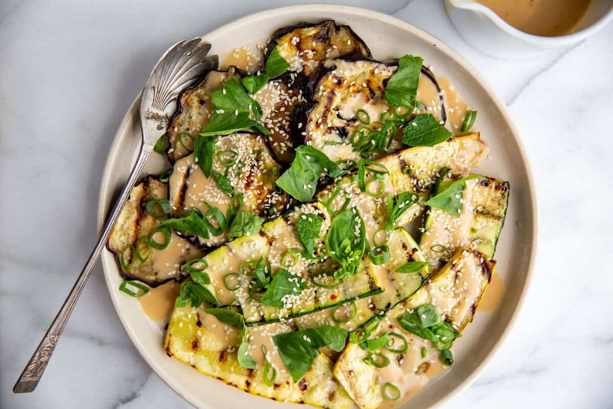 Grilled zucchini with miso dressing.